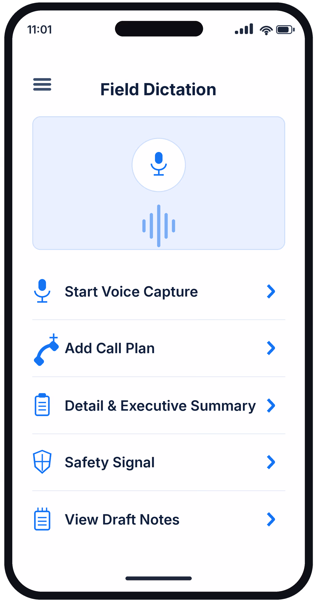 iZO voice capture screen recording a field rep dictation