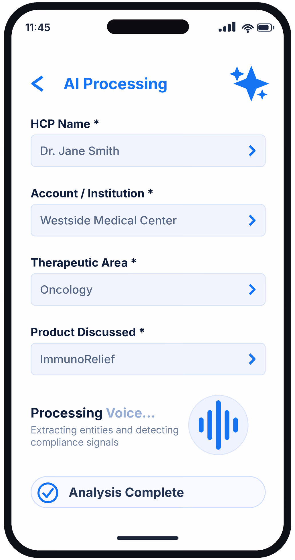 iZO screen showing the dictation structured into CRM fields for review